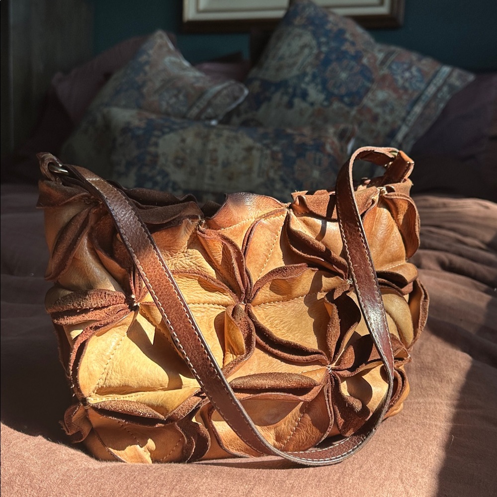 Costanza Rota unique edgy Italian leather petal textured shoulder purse/ cognac